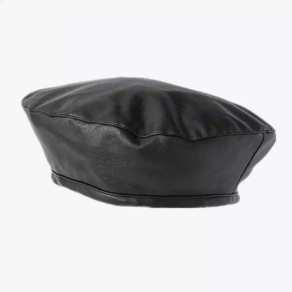 Black Leather Beret Hat Faux Leather Tam PU Vegan Leather - Picture 5 of 11